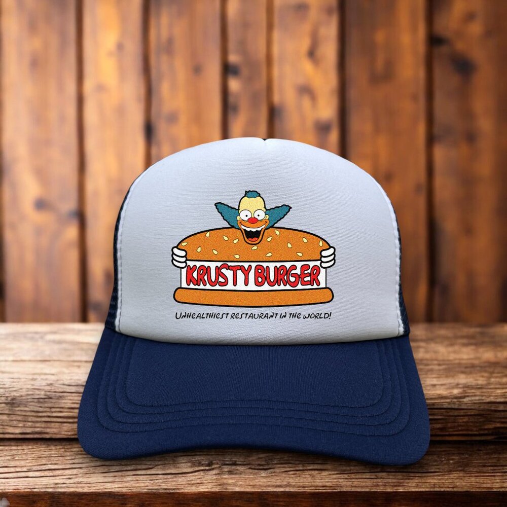 Krusty Burger Unisex Trucker Hat Navy Snapback The Simpsons Clown 90s Retro TV